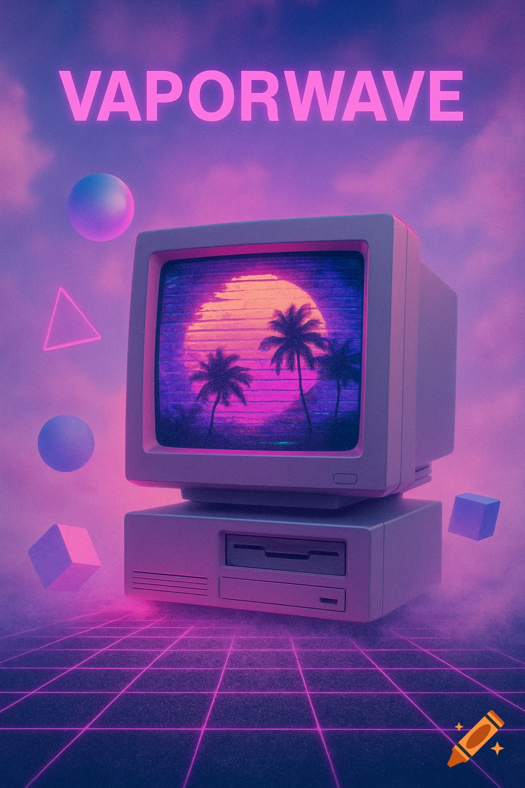 Vaporwave image of a retro computer with a sunset and palm trees on the screen, neon grid, shapes, and 'VAPORWAVE' text.