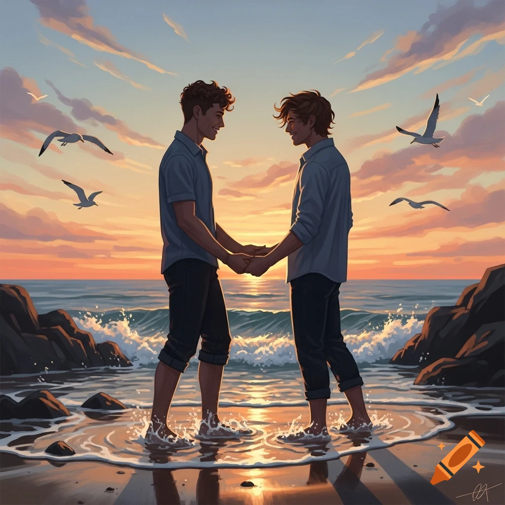 Two men hold hands in shallow ocean water on a beach at sunset, with gulls flying overhead, in a warm digital art style.