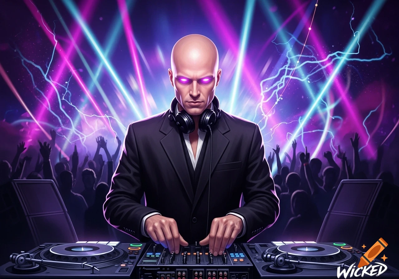 A bald DJ with glowing purple eyes and headphones, wearing a suit and mixing music at a deck in a neon-lit club with a silhouetted crowd.