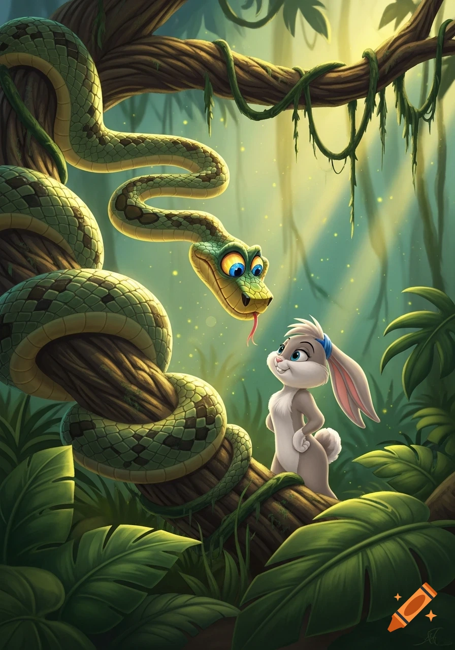 A wide-eyed cartoon snake coiled on a tree branch looking down at a cute grey rabbit in a lush jungle.