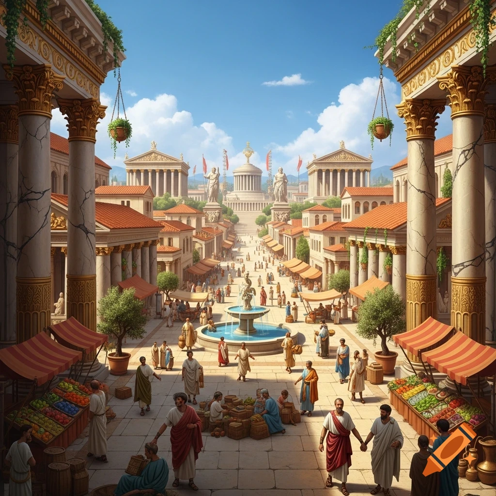 A vibrant, detailed view of an ancient Roman city market square bustling with people, architecture, and a central fountain.