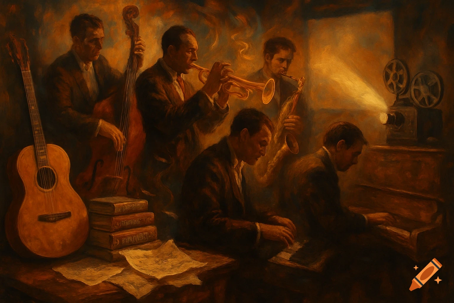 A painterly scene of five men in a jazz band with a double bass, trumpet, saxophone, and piano. An acoustic guitar, books, and sheet music are on a table, with a film projector casting light in a warm, sepia-toned room.