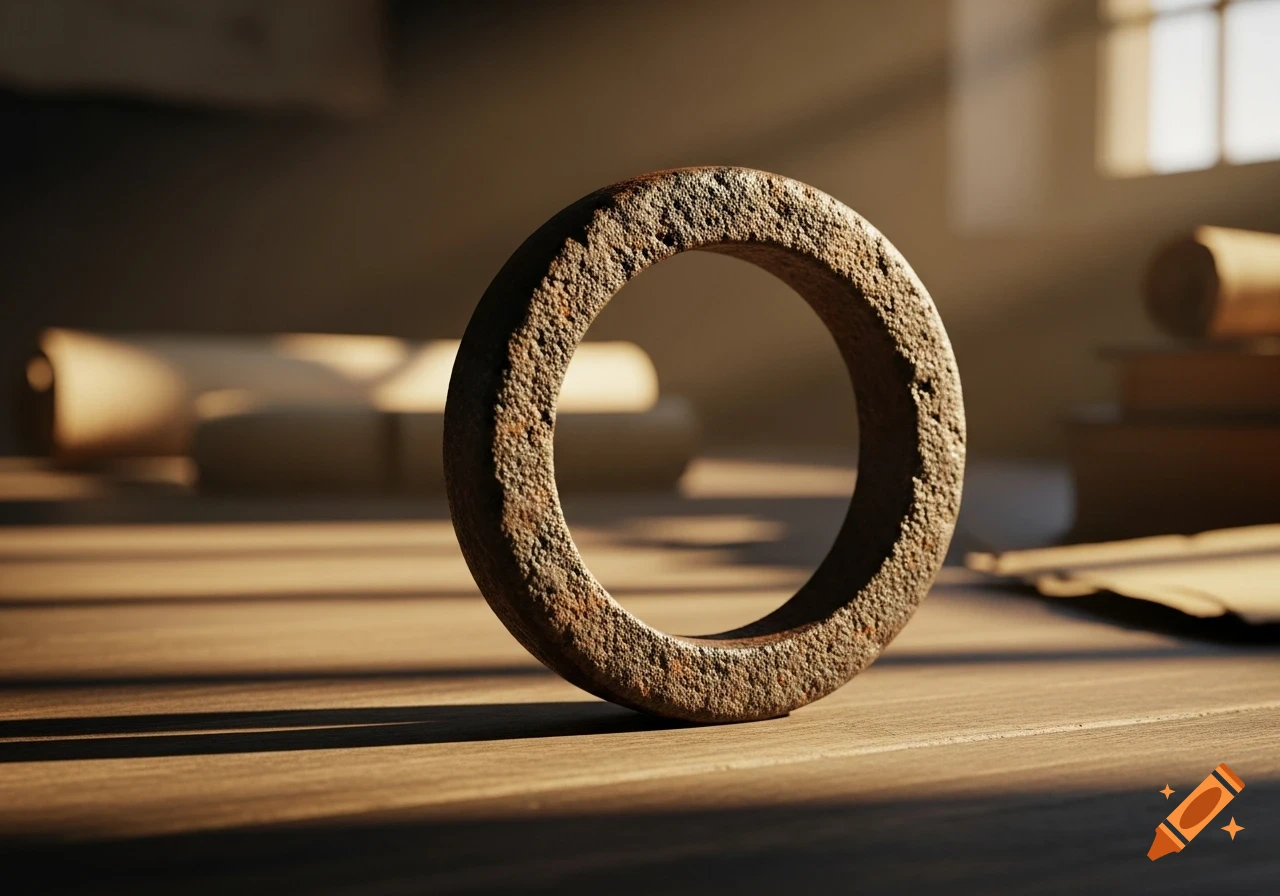 A close-up of a rusty iron ring standing upright on a wooden surface, bathed in warm sunlight.