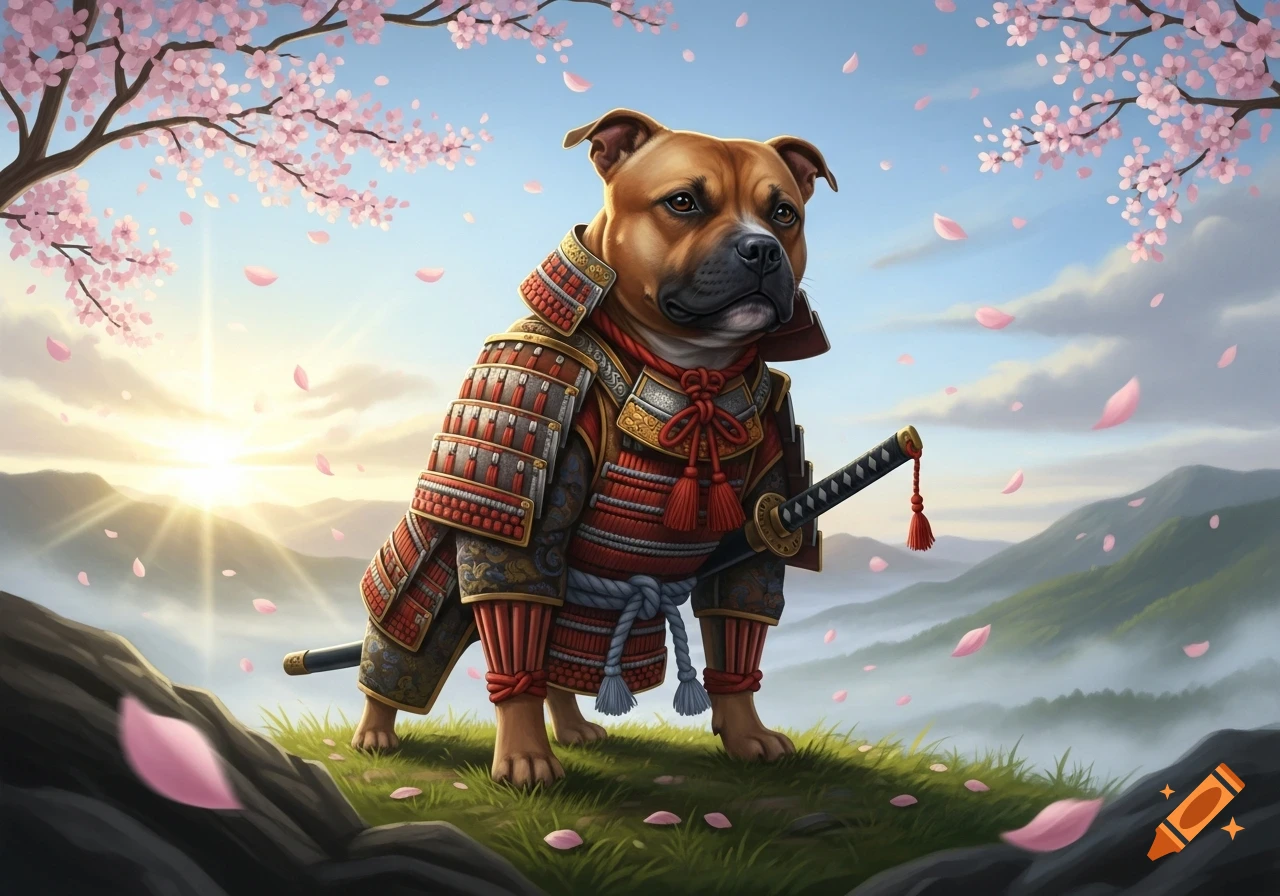 A tan Staffy dog in detailed red and gold samurai armor stands on a grassy hill under a cherry blossom tree at sunrise.