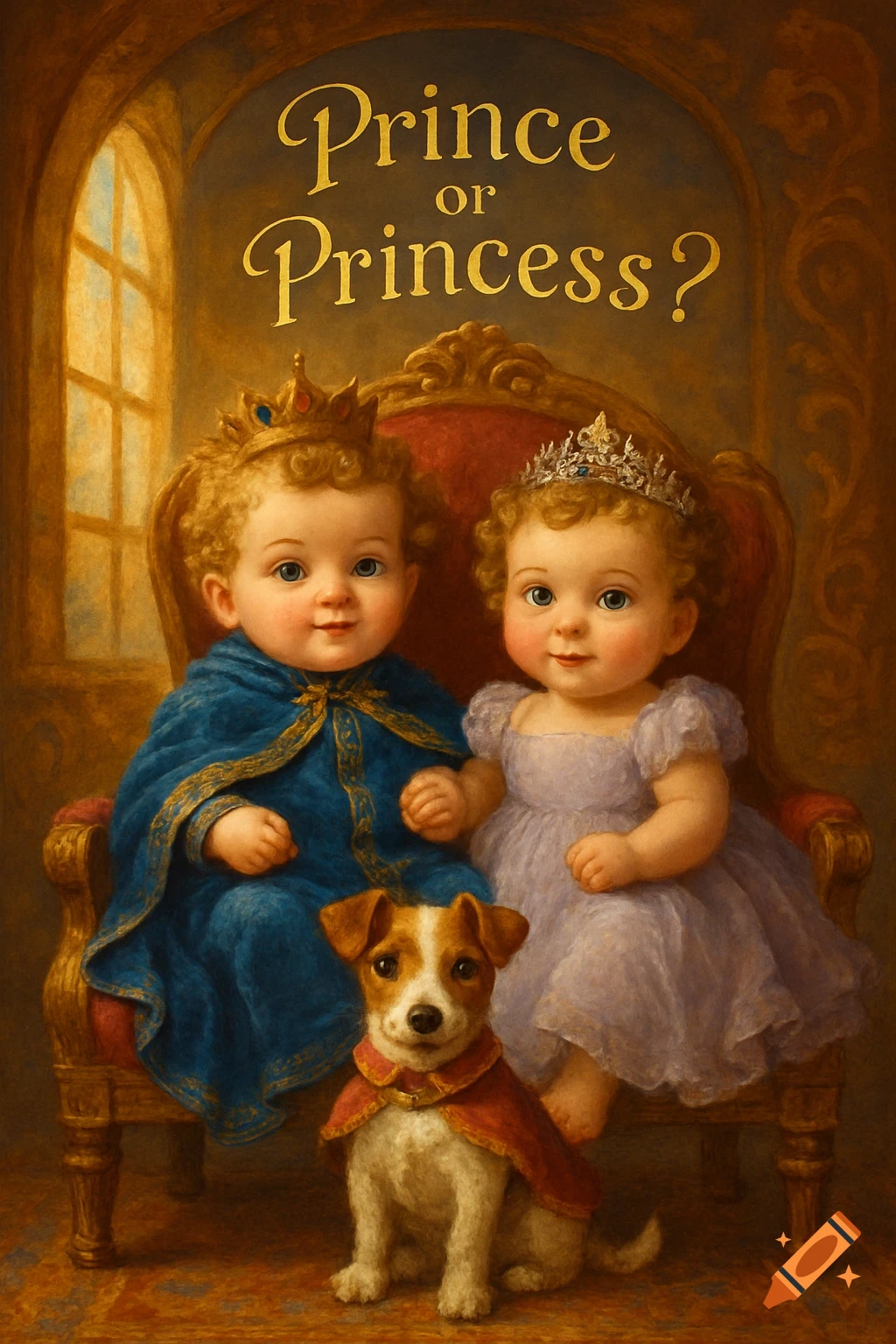 Painterly portrait of two babies, one a prince and one a princess, with a dog. Text: Prince or Princess?