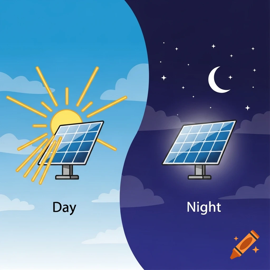 A cartoon illustration showing a solar panel during day with sun rays and at night with moon and stars, labeled Day and Night.