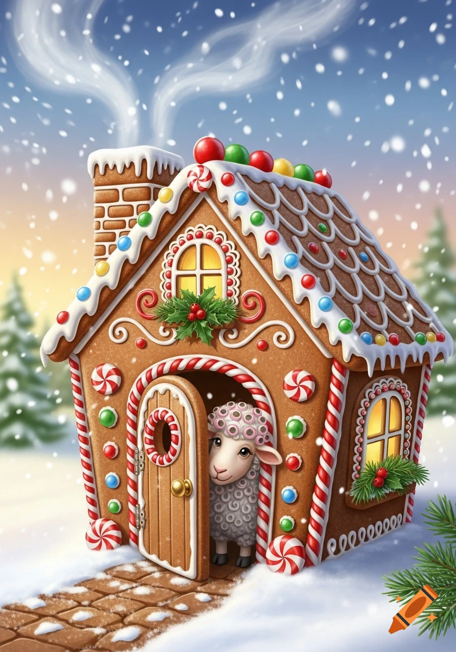 A cute sheep with pink curlers peeks out from the open door of a festive gingerbread house in a snowy winter wonderland.