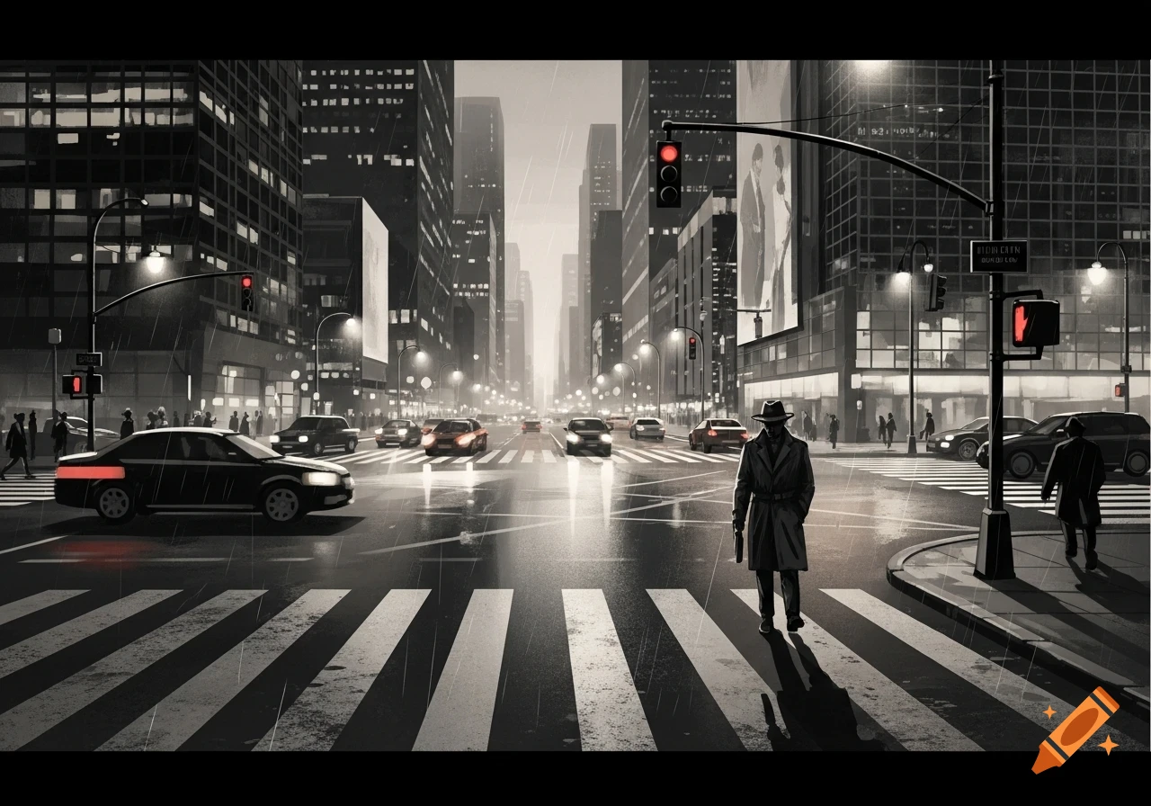 A person in a trench coat and fedora with a gun walks across a rainy, dark city street with cars and tall buildings in a noir style.