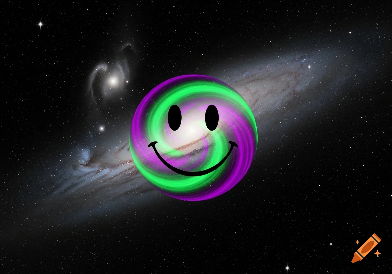 A green and purple swirling smiley face floats in a starry galaxy background.