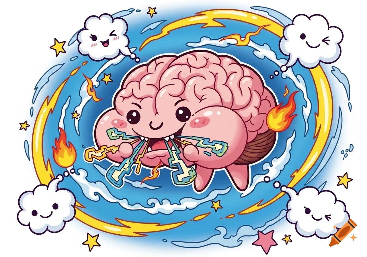 A cheerful, cute cartoon brain with full cheeks devouring lightning bolts, surrounded by thought bubbles, stars, and flames on a blue swirling background.