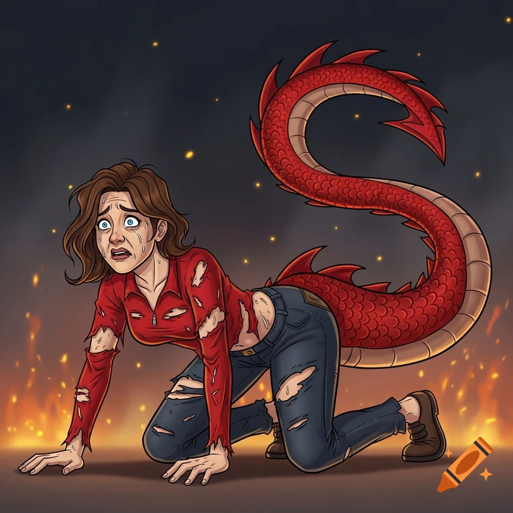 Cartoon of a distressed woman on all fours, clothes torn, with a red dragon tail emerging from her back, against a fiery background.