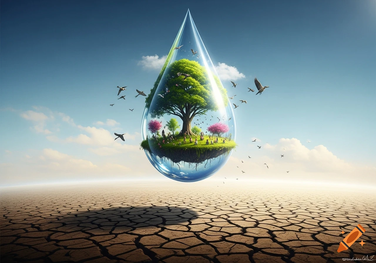 Giant water droplet holding a lush island ecosystem with a tree and people, hovering over a vast, cracked desert under a blue sky with birds.