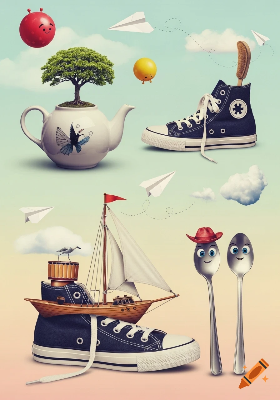 Whimsical collage with a tree in a teapot, a sneaker holding a banana brush, a sailboat on another sneaker, and two smiling spoons against a gradient sky.