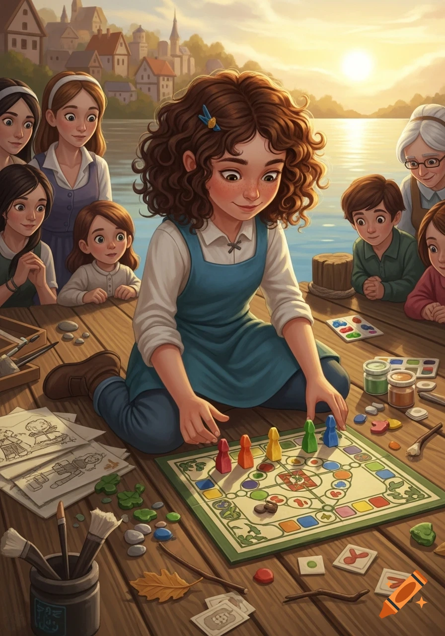 A curly-haired girl plays a board game she invented on a dock, surrounded by children and adults at sunset in a storybook style.
