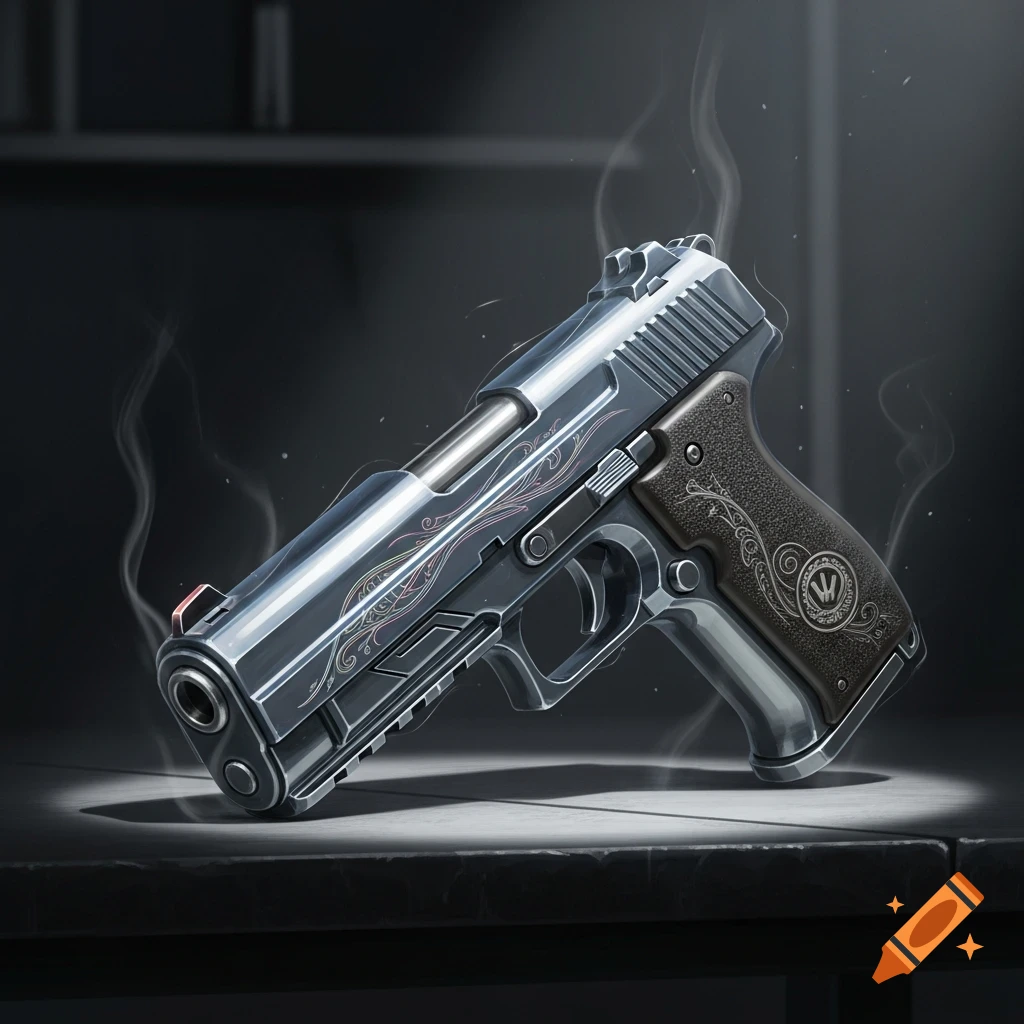 A detailed, ornate silver pistol with a brown textured grip and wisps of smoke rests on a dark surface.