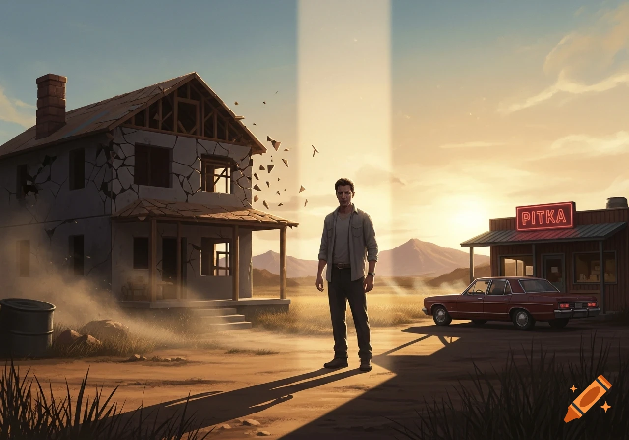 A man stands in front of a crumbling house at sunset, with an old car parked near a general store in a dusty rural landscape.