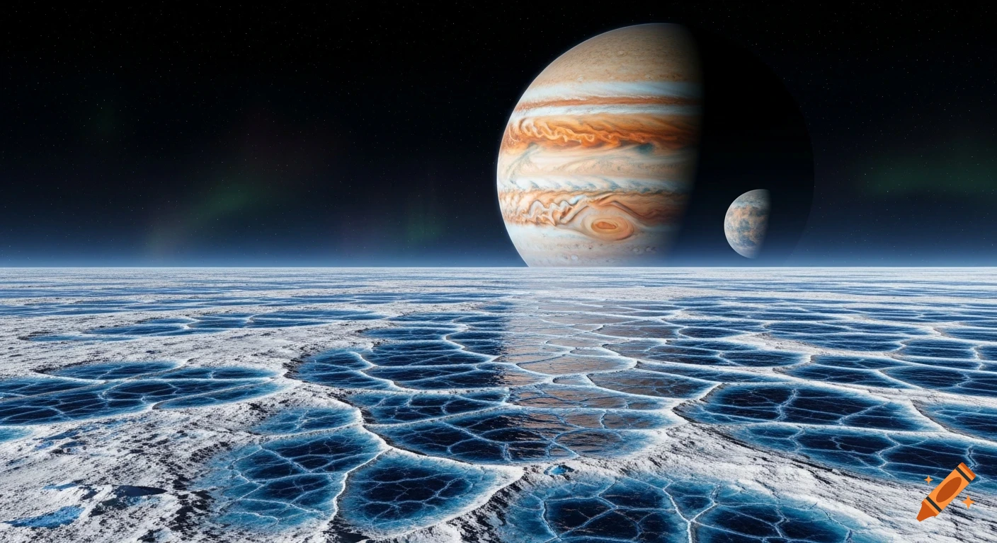 Panoramic view from Europa's fractured icy surface with Jupiter and a smaller moon dominating the dark, star-filled sky, subtle auroras.
