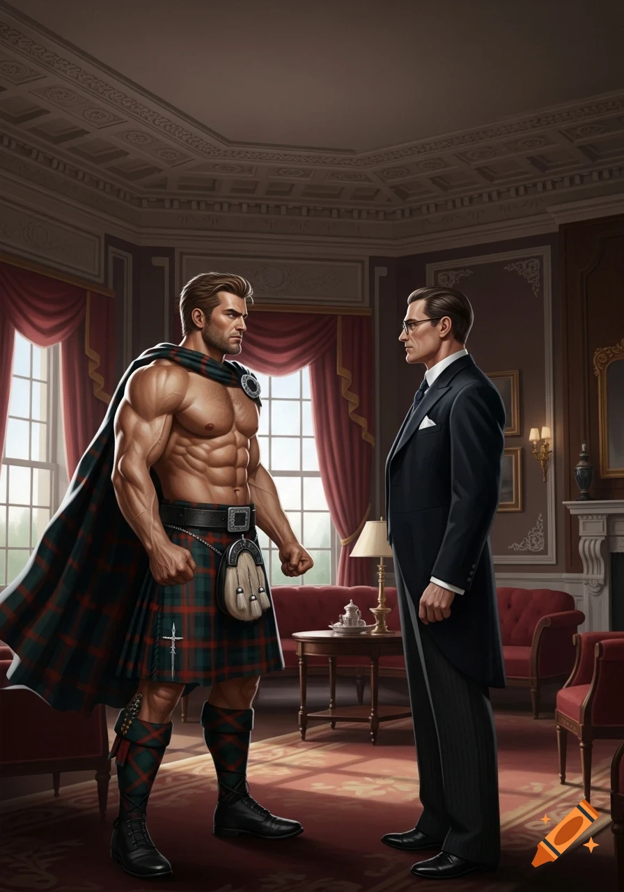 A muscular man in a Scottish kilt and cape faces a man in a formal suit in an elegant room.