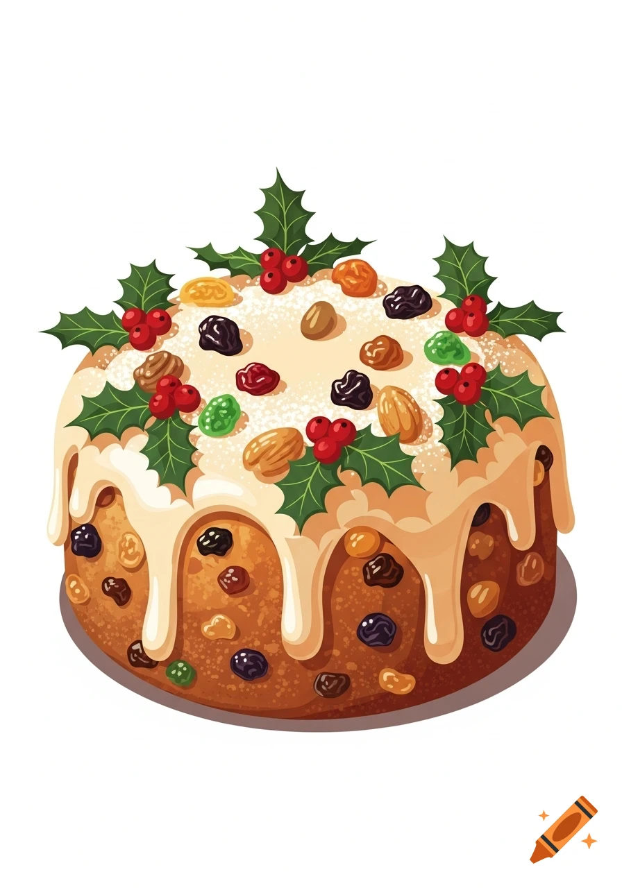 Illustrated Christmas fruit cake with white icing, holly, red berries, and dried fruits on a white background.