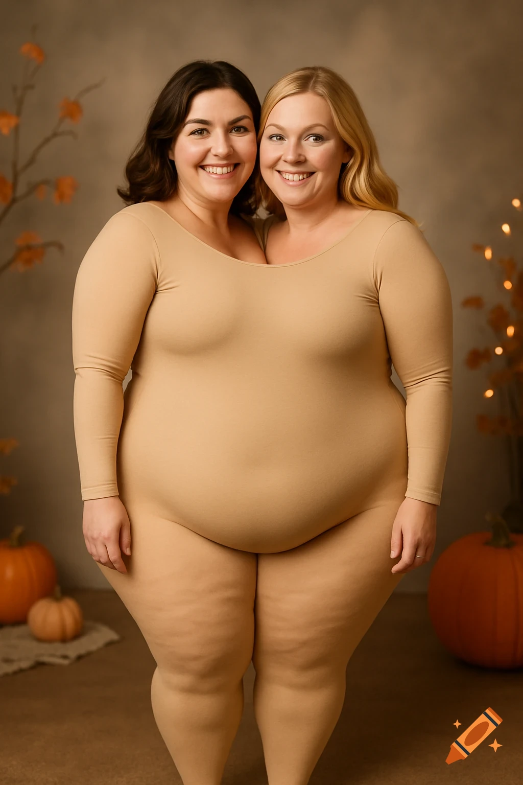 Two smiling women, one with dark hair and one blonde, merged into a single body in a nude-colored bodysuit, pose in an autumn setting with pumpkins.