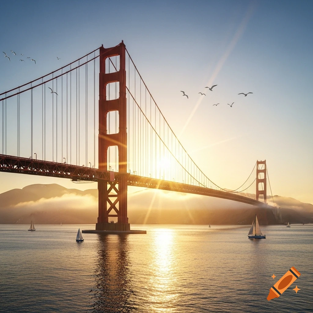 Golden Gate Bridge at sunset, with sun rays reflecting on the water, sailboats, and birds in the sky.