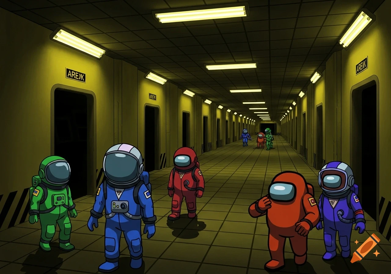 Cartoon Among Us characters in a dimly lit, yellow-hued sci-fi corridor with numerous doors.