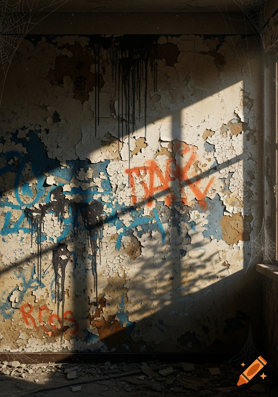 Dilapidated wall in a ruined room with peeling paint, colorful graffiti, and spiderwebs, lit by sunlight.