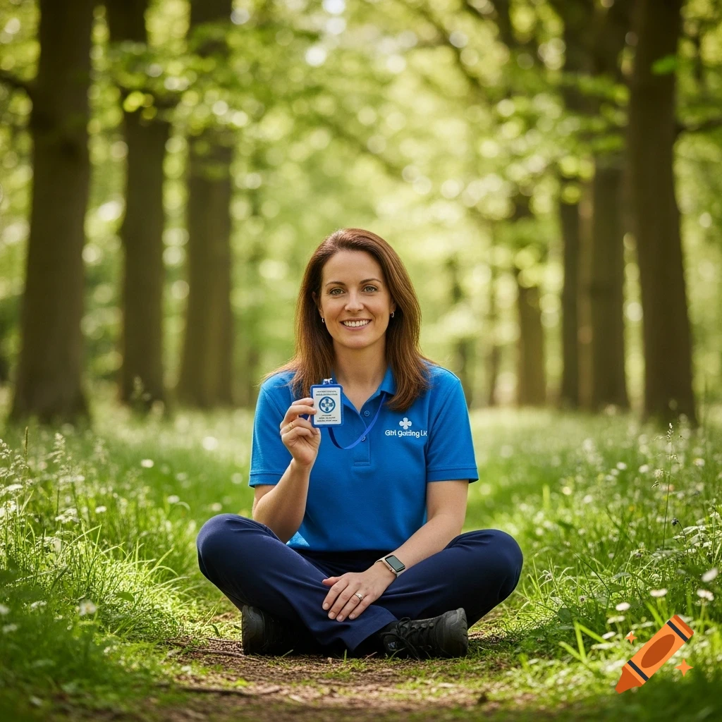 A smiling woman with brown hair sits cross-legged in a sunlit woodland clearing, holding up a blue Girl Guiding UK badge.