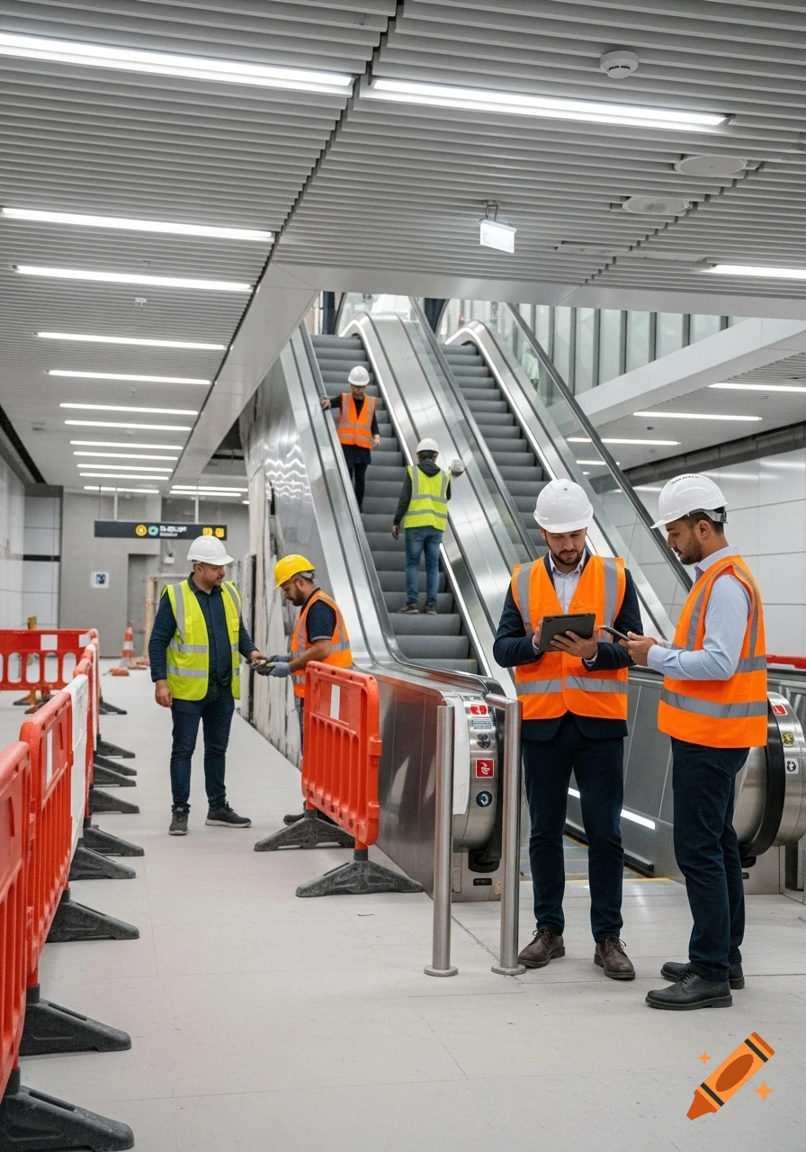 Photorealistic scene of construction workers in hard hats and safety vests conducting checks in a modern metro station with escalators and barriers.