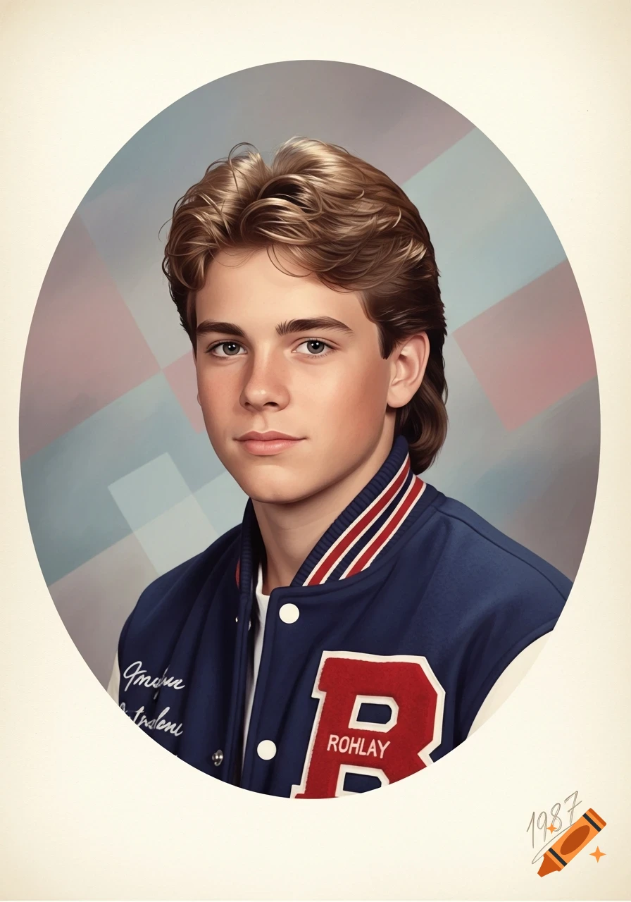 A stylized 1987 yearbook photo of a young man with a mullet, wearing a blue letterman jacket with an R and "ROHLAY" on it, against a geometric pastel background.