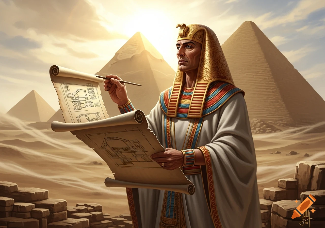 Ancient Egyptian architect in traditional attire holding a blueprint scroll in a desert landscape with pyramids at sunset, photorealistic.