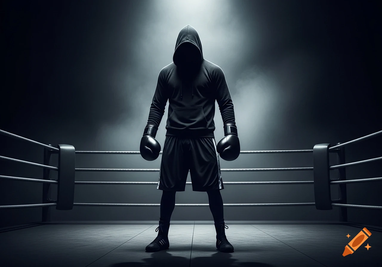 A hooded boxer in black gloves and shorts stands powerfully in a starkly lit boxing ring.