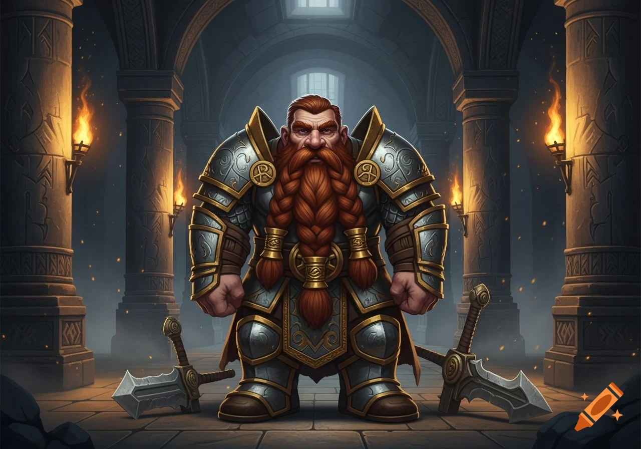 A stern dwarf in ornate silver and gold armor with a long braided red beard stands in a stone hall, two broadswords on the floor beside him.