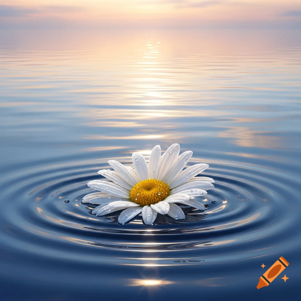 A white daisy with a yellow center floats on calm blue water with ripples, reflecting a soft sunset sky.