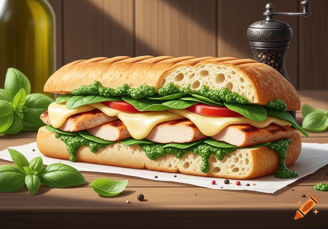 A photorealistic ciabatta panini filled with grilled chicken, melted cheese, spinach, tomato, and pesto, on a wooden table.