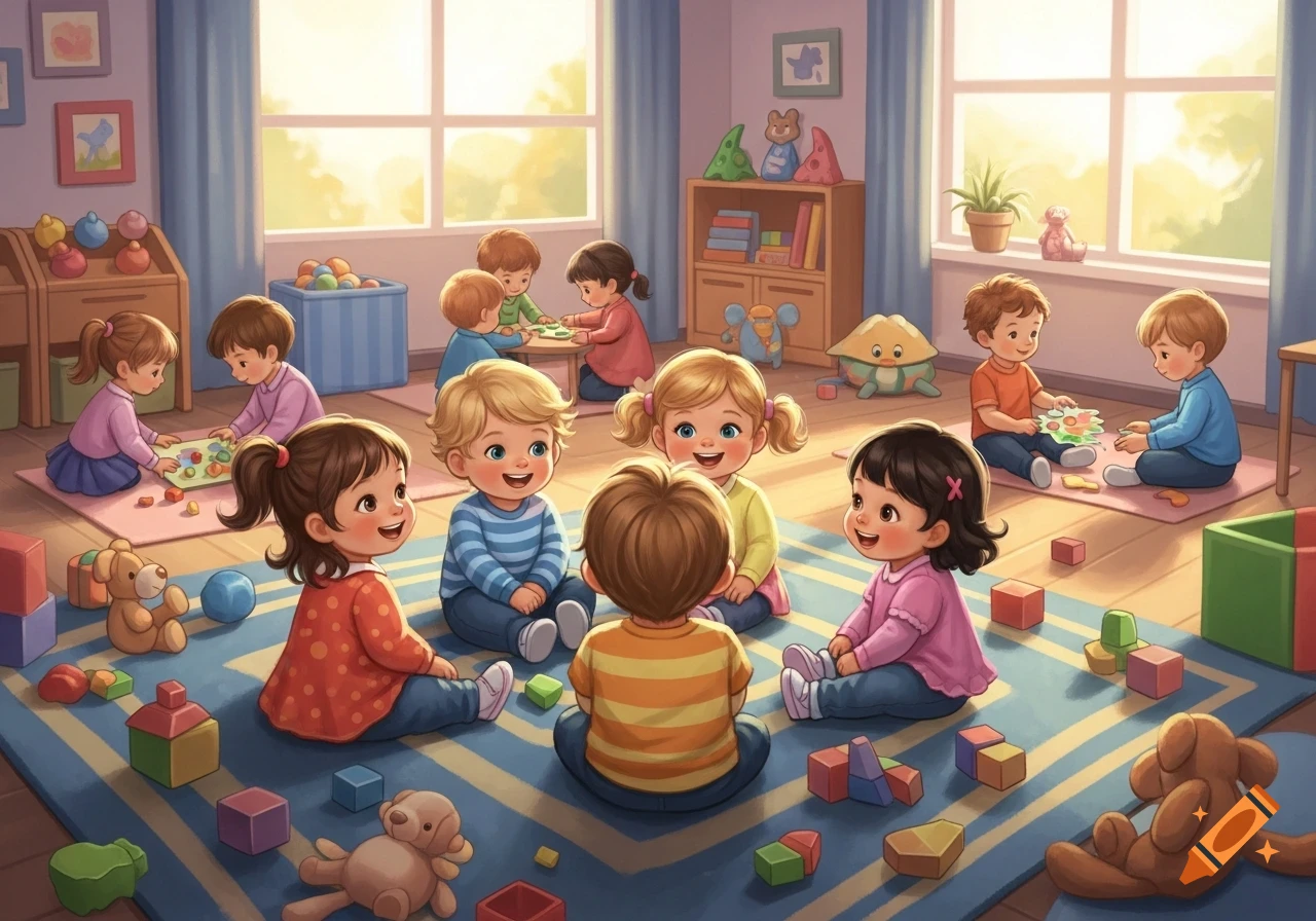 Diverse toddlers play with toys and blocks in a sunlit playroom, rendered in a colorful cartoon style.