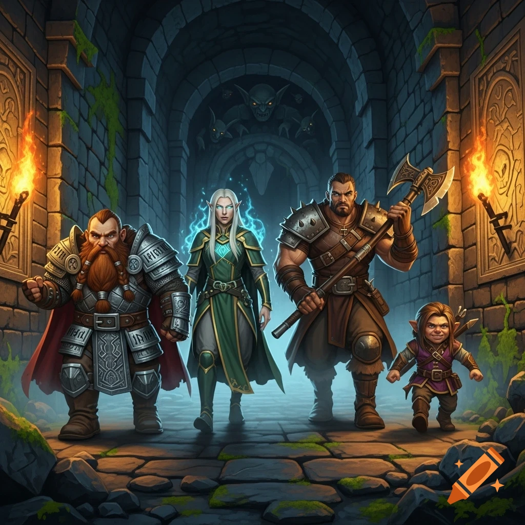 A diverse D&D party, including a dwarf, elf, warrior, and halfling, walks through a torchlit dungeon with goblins lurking in the background, in a digital fantasy art style.