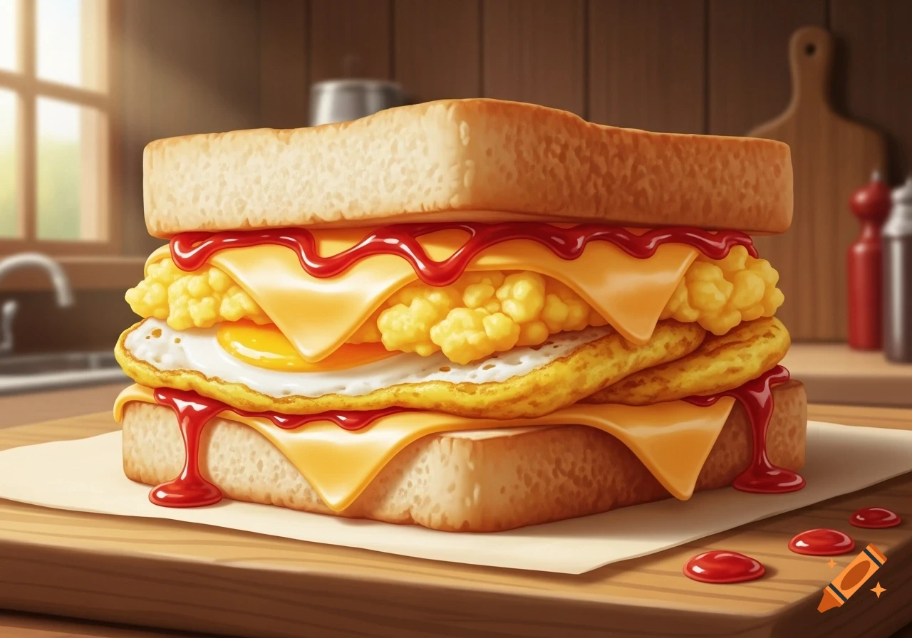 A thick breakfast sandwich with white bread, scrambled eggs, fried egg, melted cheese, and dripping ketchup on a wooden board.