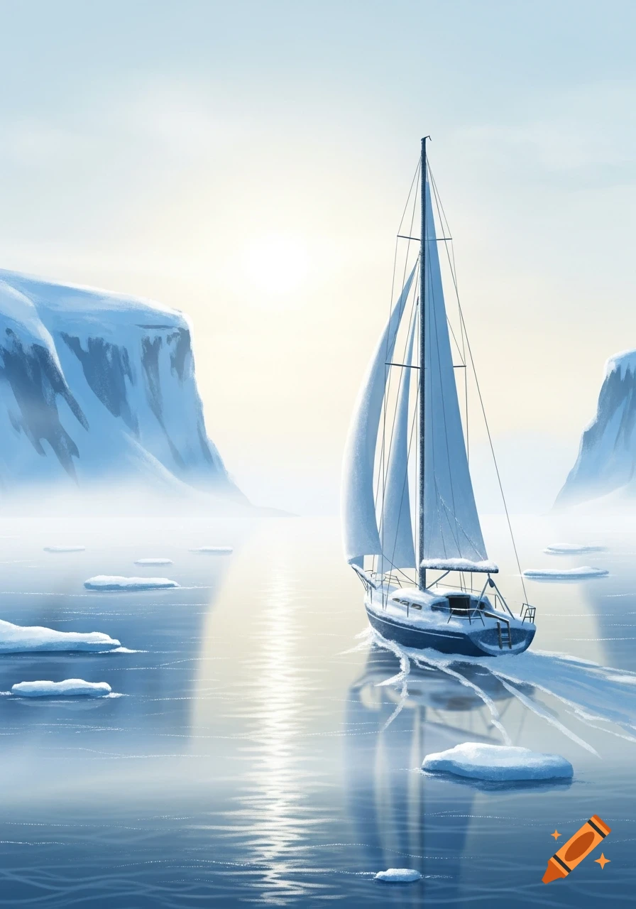 A sailboat navigates through an icy, misty arctic sea, with snow-covered cliffs under a pale sun.