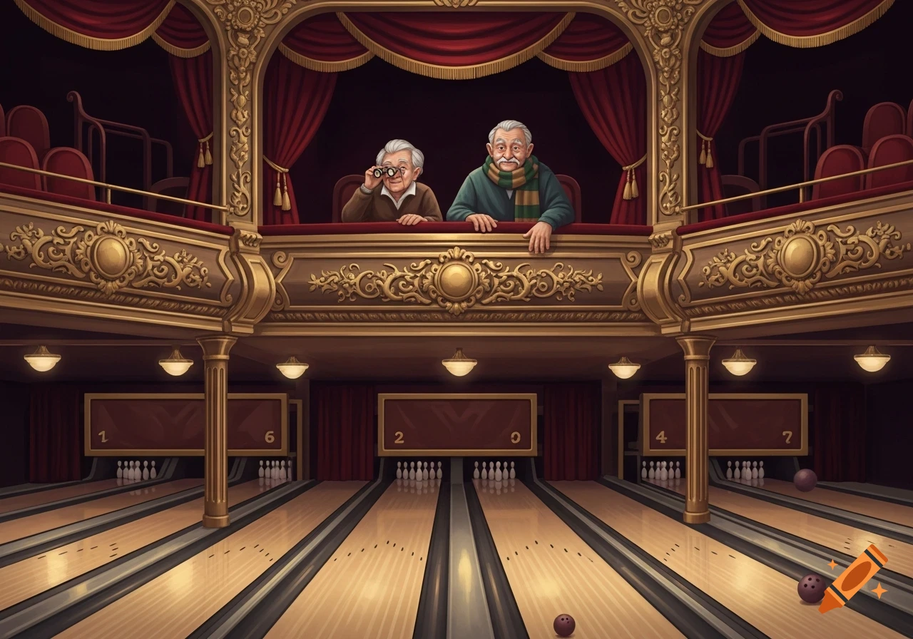 Two elderly men in an ornate theater balcony overlook bowling lanes below, one with opera glasses, in a detailed illustration.