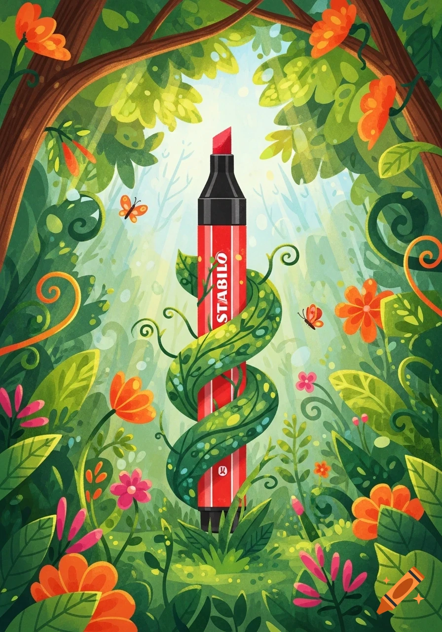 A red STABILO marker camouflaged in a vibrant, stylized green forest with orange and pink flowers, and butterflies.