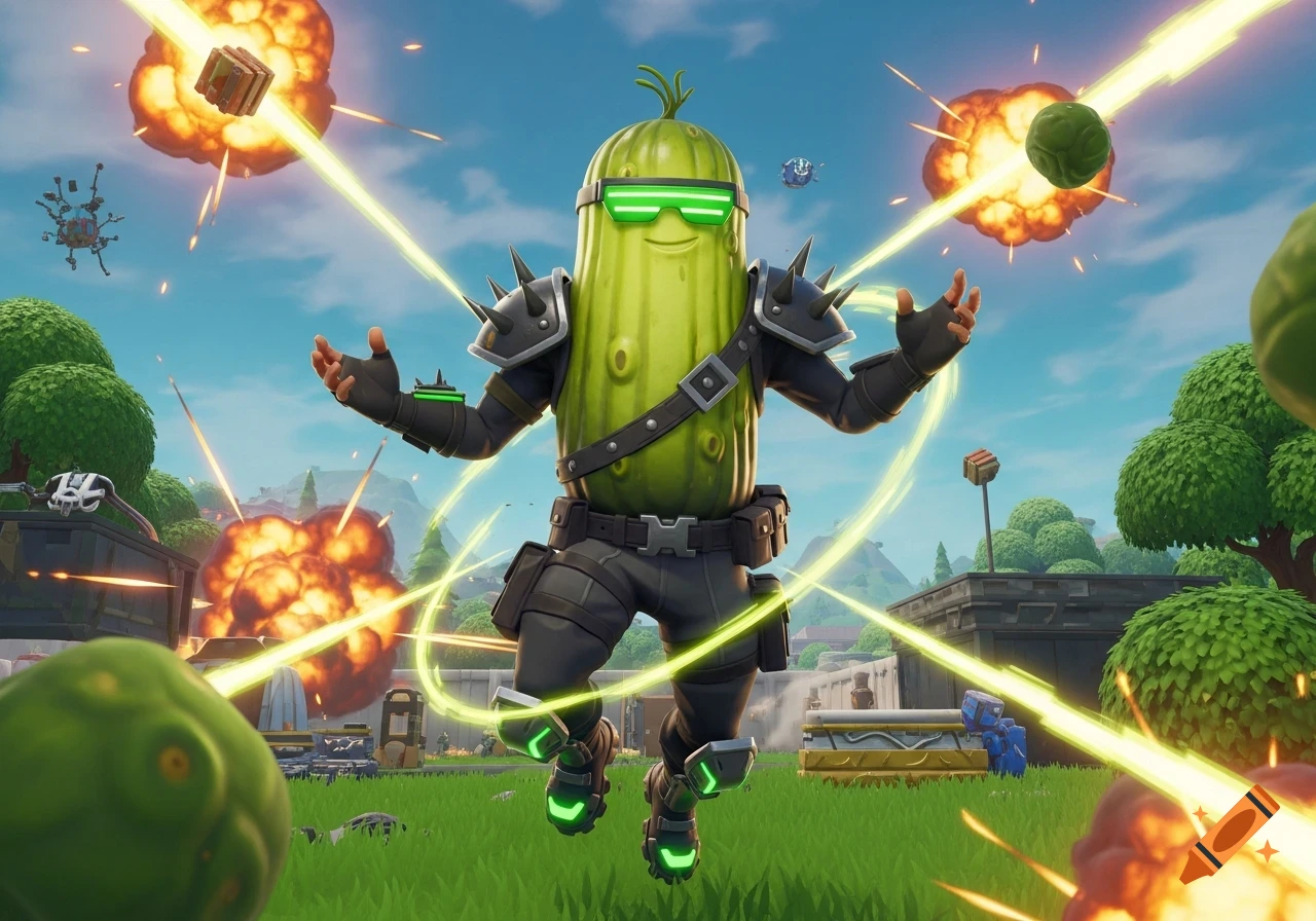 A cartoon pickle character in armor and sunglasses floats amidst explosions and laser beams in a vibrant video game setting.