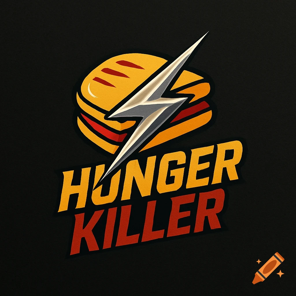 A logo with a stylized sandwich and a lightning bolt, above the words 'HUNGER KILLER' in bold yellow and red text on a black background.