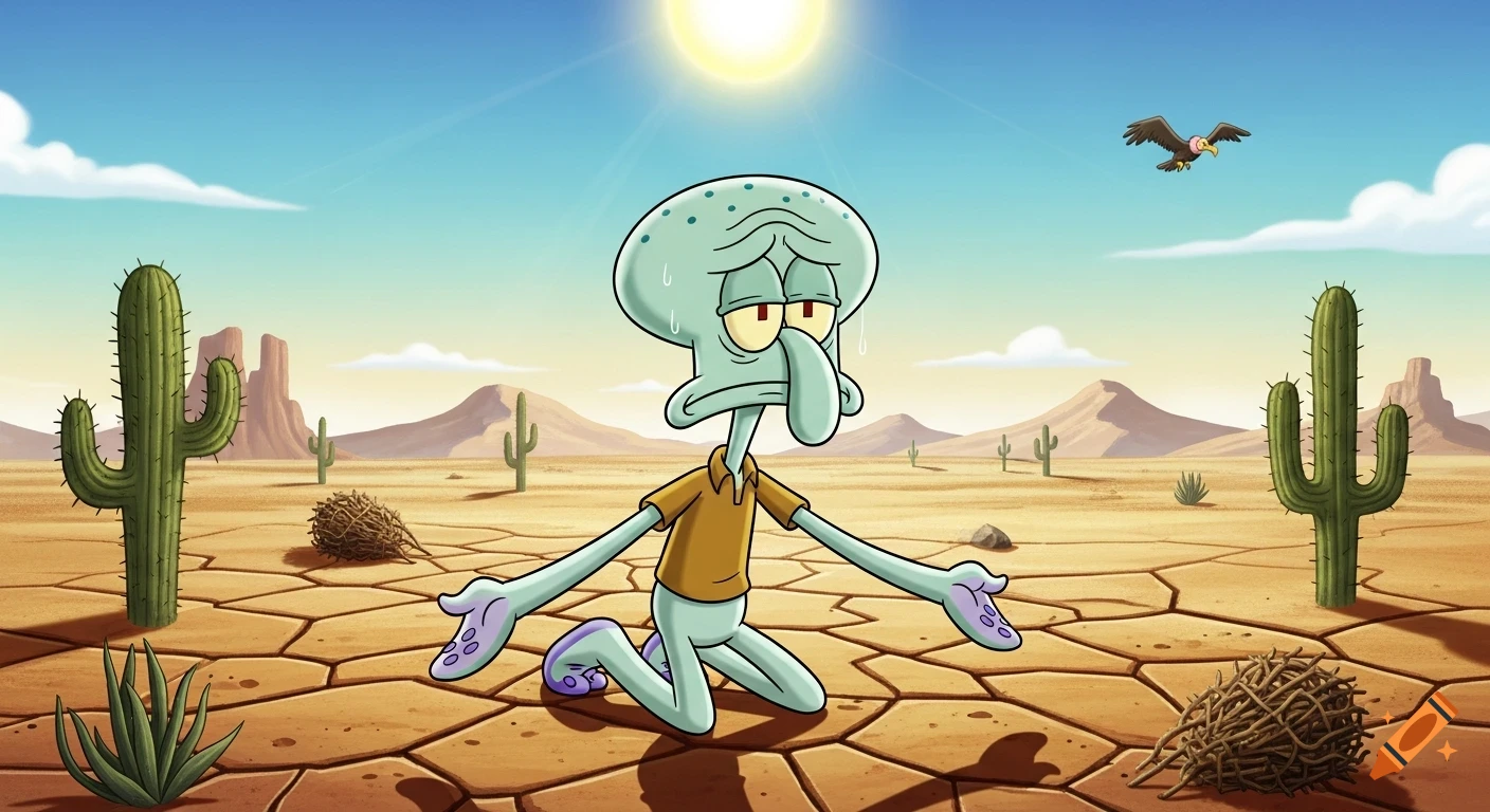Cartoon Squidward Tentacles kneels, sweating on cracked desert ground under a scorching sun, surrounded by cacti, with a vulture flying.