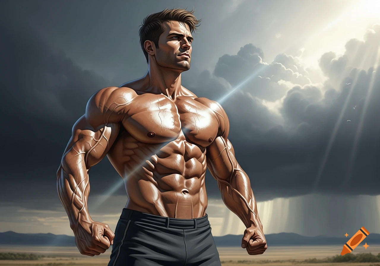 A highly muscular shirtless man with defined abs and veins stands outdoors under a dramatic cloudy sky with sun rays.