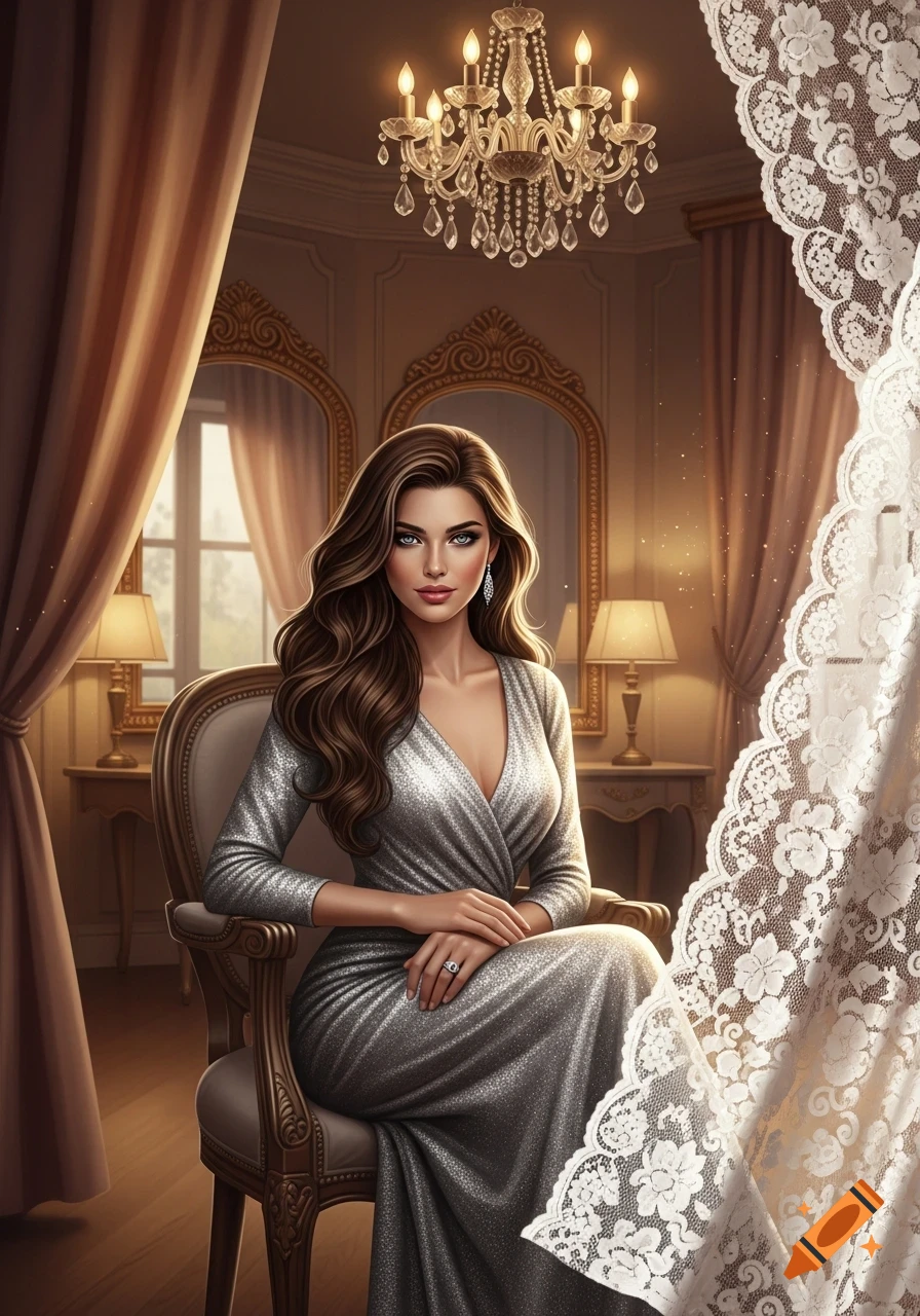 A beautiful woman with long brown hair in a sparkling silver dress sits elegantly in a luxurious room with a chandelier and lace.