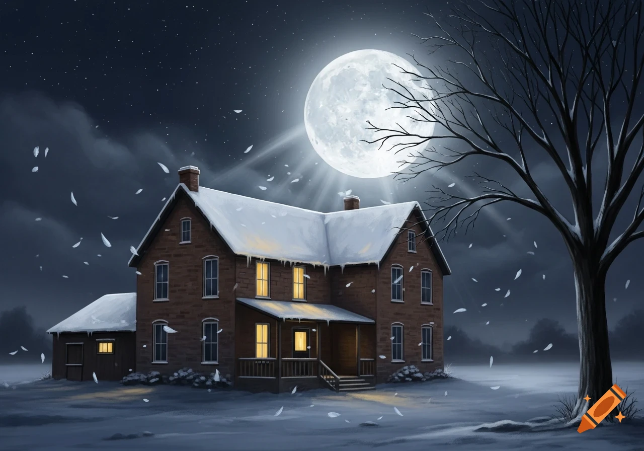Illustrated snowy brown brick farmhouse at night under a full moon, with a bare tree and falling elements.
