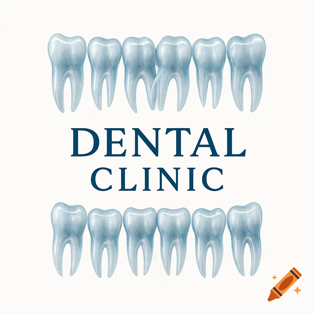 A logo featuring two rows of light blue, translucent teeth with the dark blue text 'DENTAL CLINIC' in the center.