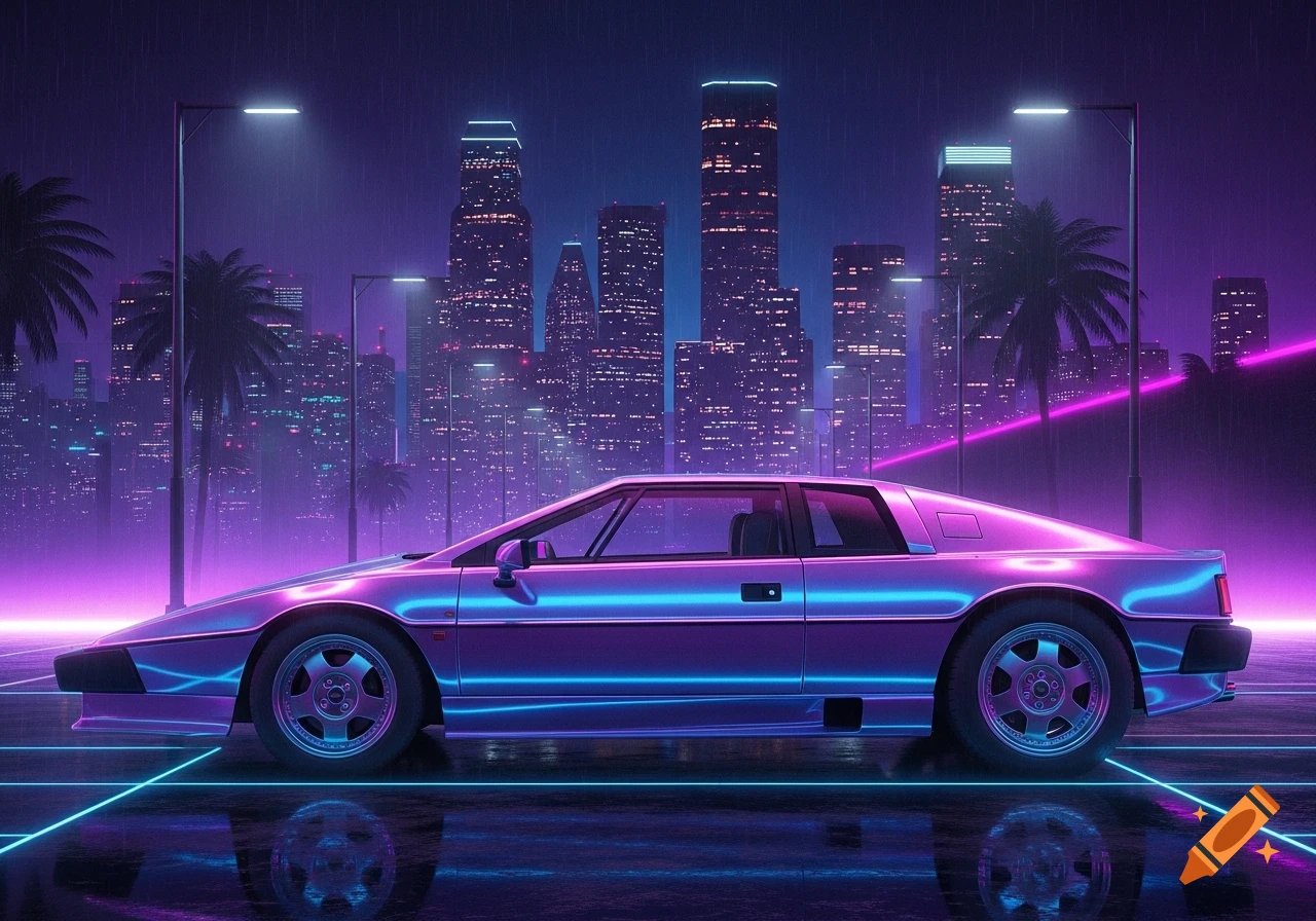 A purple and blue neon-lit Lotus Esprit sports car on a wet street, reflecting a synthwave cityscape at night.