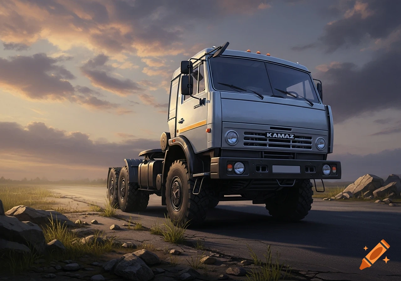 Photorealistic image of a grey Kamaz truck on a dirt road at sunset with dramatic clouds.